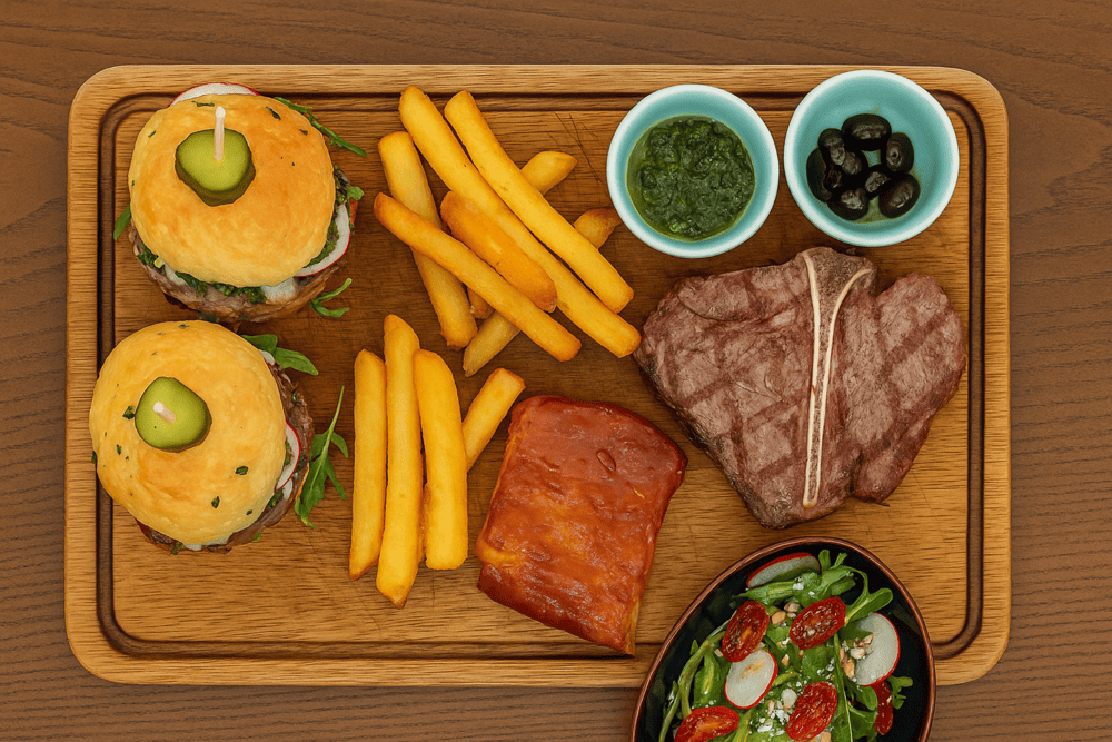 The steaks are wood-fired over oak, delivering bold flavor and smoky aroma